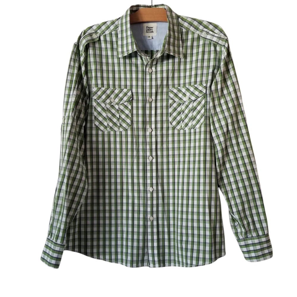 Paper Denim & Cloth Mens Sz XL Button Up Shirt Long Sleeve Plaid Gray Green